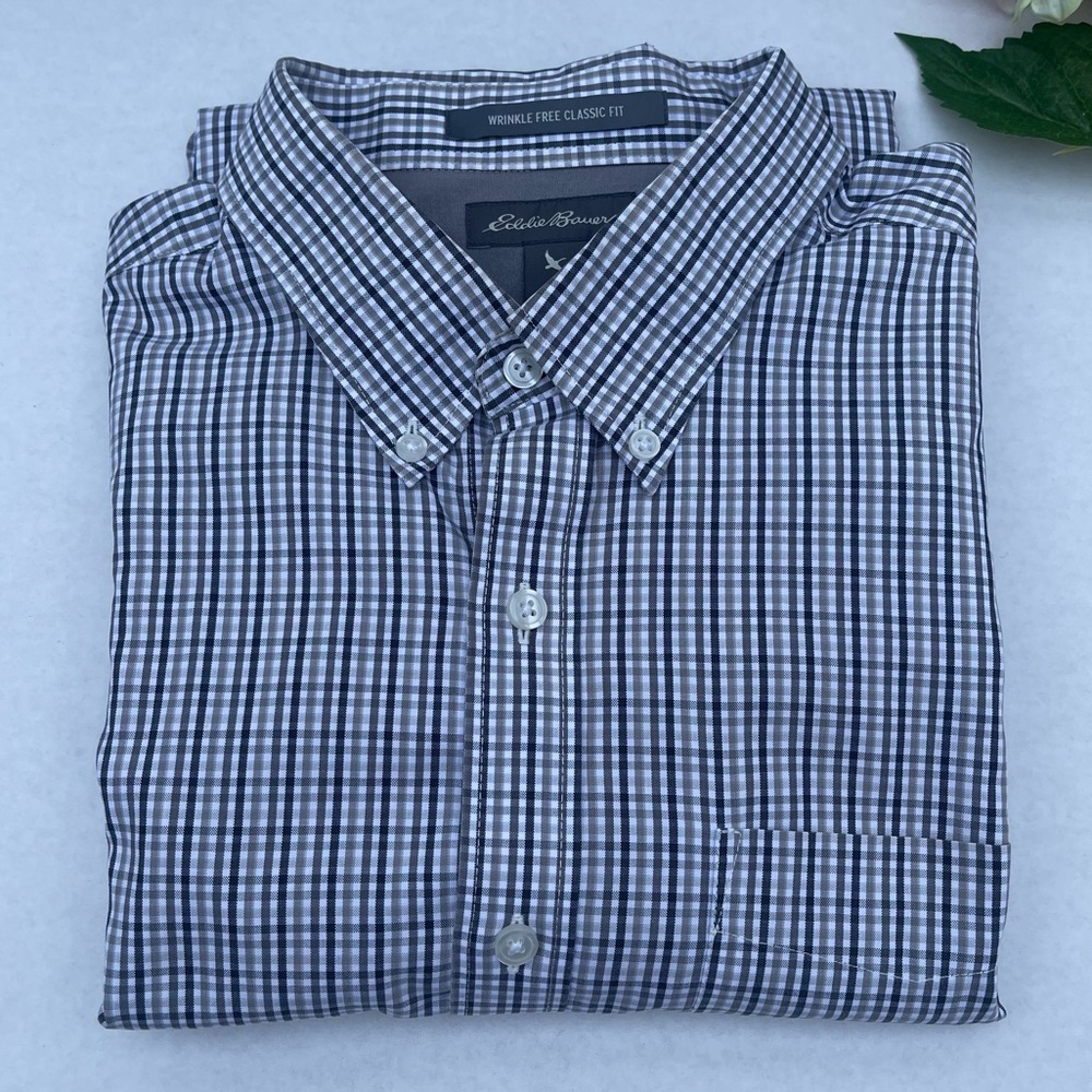 Eddie Bauer Men's Navy and White Plaid Shirt size L